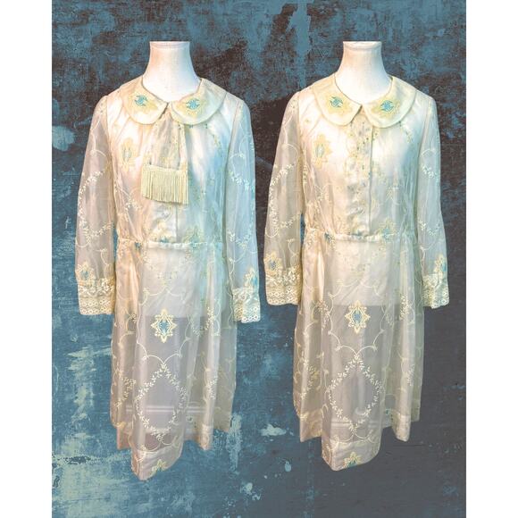 Vintage 60s 70s Victorian Sheer Damask White Aqua Fringe Jabot Shirt Dress S/M - Picture 2 of 6